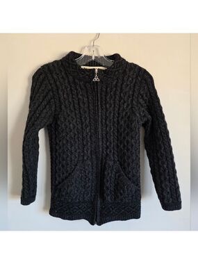 ARAN Crafts | Merino Wool Cable Knit Hooded Zip Sweater gray Irish Sz S